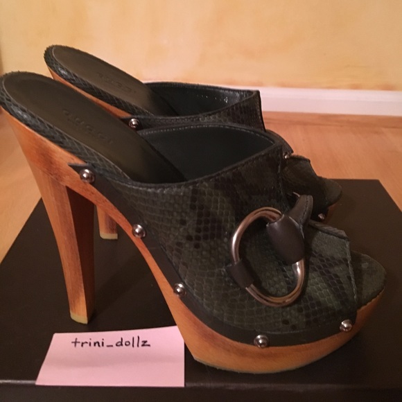 GUCCI NWT Olive Green Python Platform Wood Clogs Very Rare 💕NEW IN BOX - Picture 10 of 10